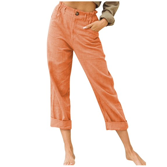 Womens Casual Linen High Waist Pants Loose Straight Leg Cropped Pants Comfy Lounge Trousers with Side Pockets