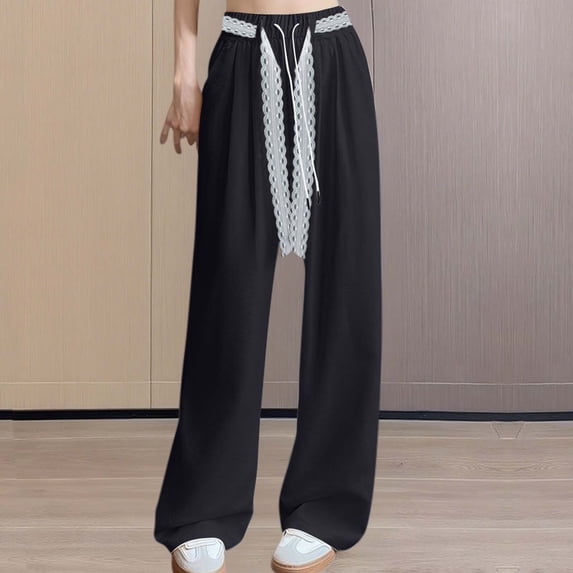 Womens Casual Linen High Waist Pants New Women Lace up Wide Leg Pants Casual Elastic High Waist Straight Sweatpants Fall Ladies Baggy Trousers Black XL
