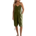 thumbnail image 1 of Womens Casual Linen Jumpsuit with Pocket Spaghetti Strap Capris Pants Rompers V Neck Lace-Up Loose Fit Summer Outfits, Green, XL, 1 of 6