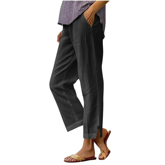 Womens Casual Linen Pants Elastic Waist Drawstring Trousers with Pockets Fall Beach Vacation Outfits 2025