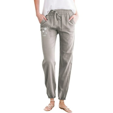 Womens Casual Linen Pants Straight Leg Drawstring Elastic High Waist Loose Comfy Trousers with Pockets