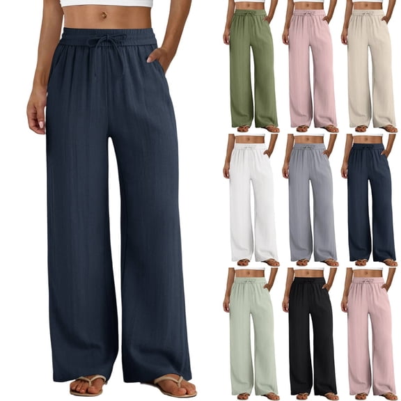 Womens Casual Linen Pants Wide Leg Trousers Drawstring Waist Palazzo Loose Fit Summer 2026 Beach Lounge Lightweight with Pockets Navy XL