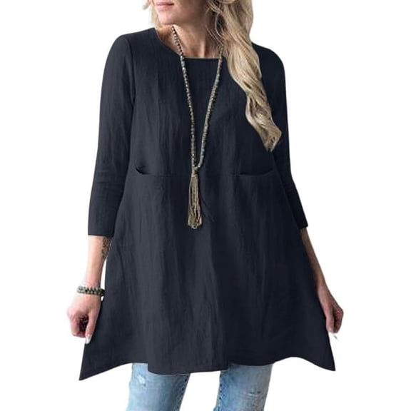 Womens Casual Linen Shirt Tops Loose Fit Long Sleeve Crew Neck Solid Plus Size Linen Blouses with Pockets