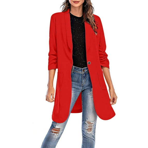 Womens Casual Long Blazer 2024 Open Front Lapel Button Long Sleeve Business Suit Jacket Lightweight Work Office Dressy Blazer Cardigan Clearance