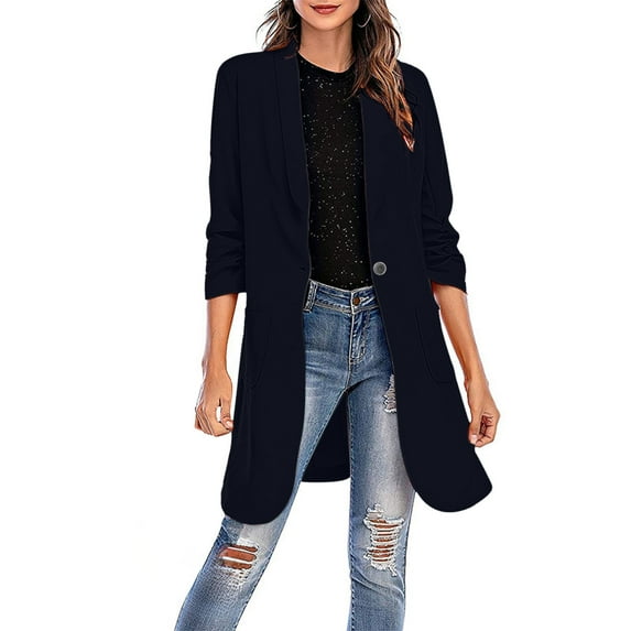 Womens Casual Long Blazer 2024 Open Front Lapel Button Long Sleeve Business Suit Jacket Lightweight Work Office Dressy Blazer Cardigan Clearance