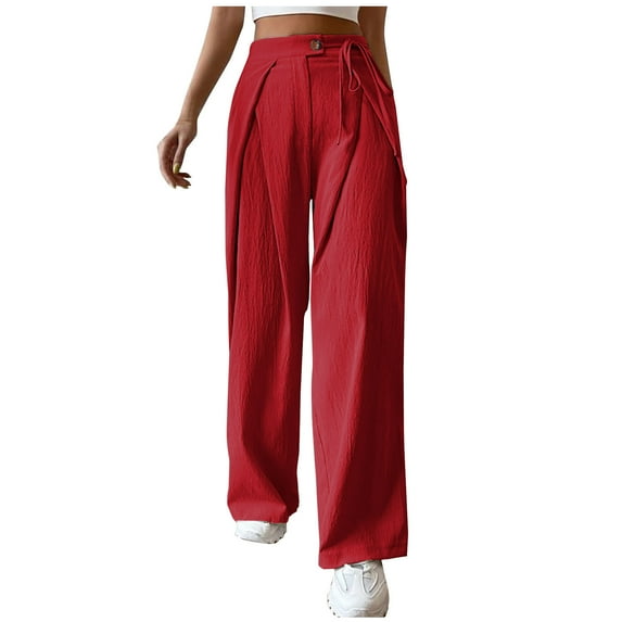 Womens Casual Long Pants Ruched High Waist Palazzo Trousers Lightweight Straight Wide Leg Pants Lace-Up Button Slacks