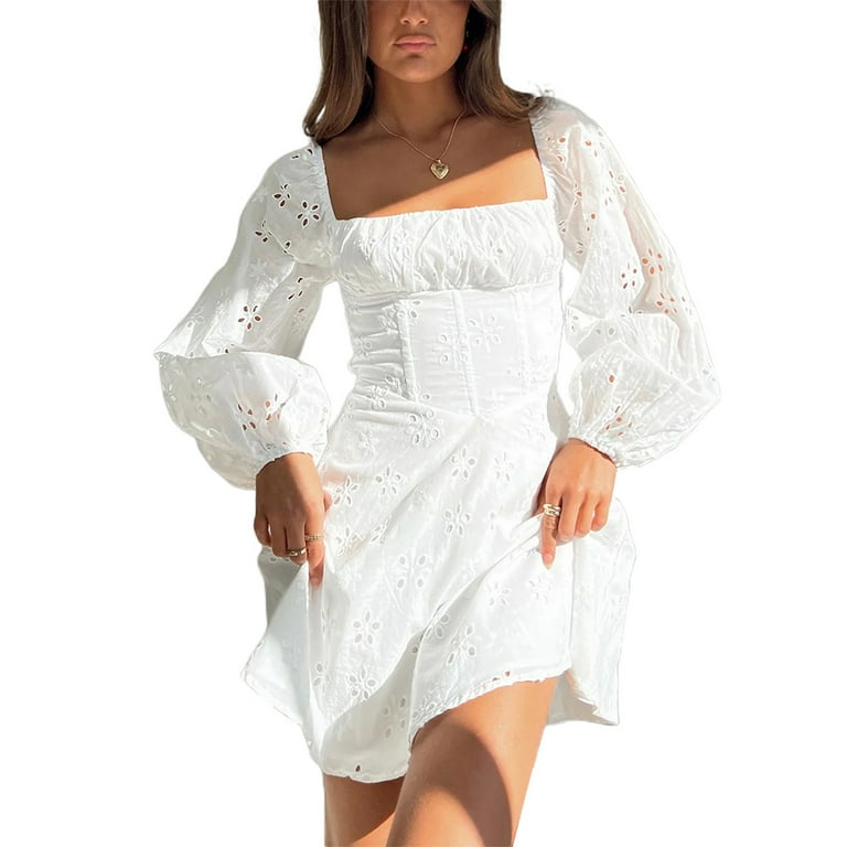 Womens Casual Long Puff Sleeve Ruched Bust Solid Color White Mini A Line Dress Eyelet Embroidery Dress Walmart