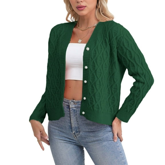 Womens Casual Long Sleeve Button Up Cable Knit Cardigan Light-Weight Crewneck Button Down Sweaters for Women Green L