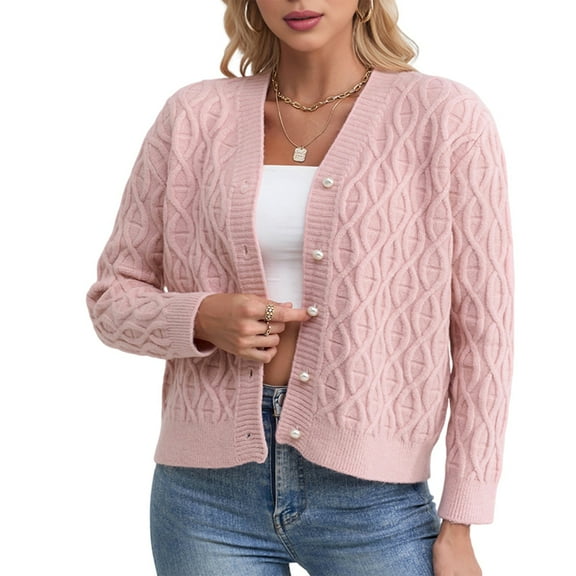 Womens Casual Long Sleeve Button Up Cable Knit Cardigan Light-Weight Crewneck Button Down Sweaters for Women Pink M