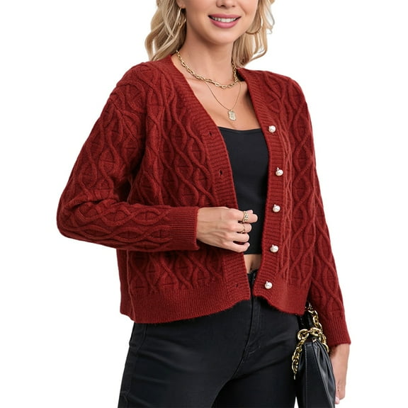 Womens Casual Long Sleeve Button Up Cable Knit Cardigan Light-Weight Crewneck Button Down Sweaters for Women Red XL