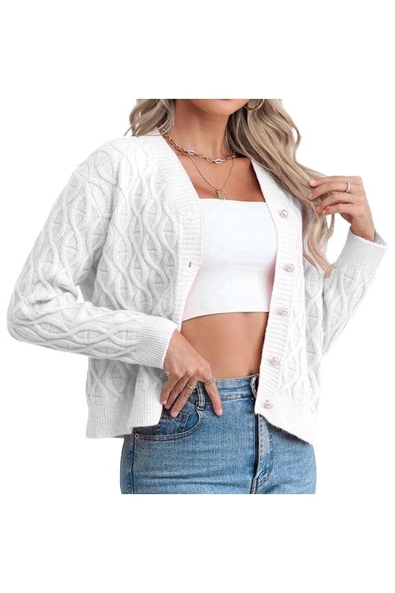 Womens Casual Long Sleeve Button Up Cable Knit Cardigan Light-Weight Crewneck Button Down Sweaters for Women White M