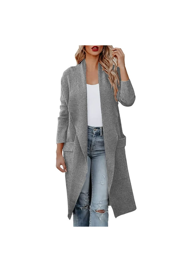 Womens Casual Long Sleeve Draped Open Front Knit Pockets Long Cardigan Jackets Sweater