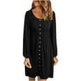 thumbnail image 1 of Womens Casual Long Sleeve Fall Dress Scoop Neck Button Solid Color Knee Length Dress High Waist Loose Comfy Dress, 1 of 6
