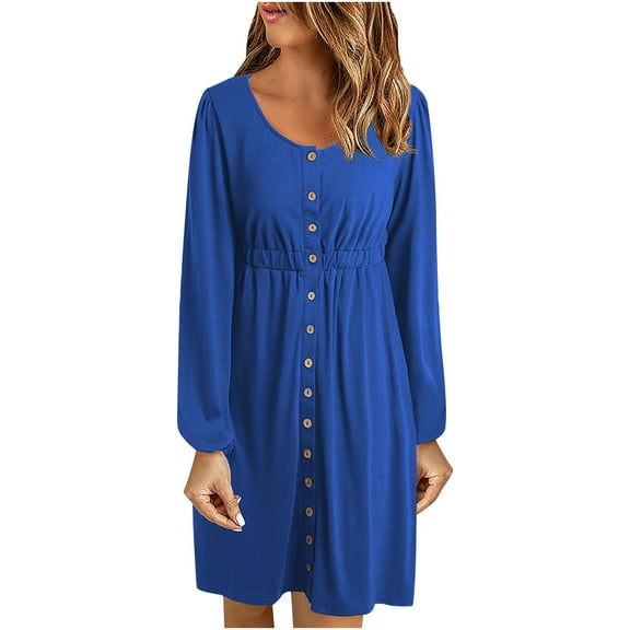 Womens Casual Long Sleeve Fall Dress Scoop Neck Button Solid Color Knee Length Dress High Waist Loose Comfy Dress