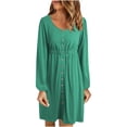 thumbnail image 1 of Womens Casual Long Sleeve Fall Dress Scoop Neck Button Solid Color Knee Length Dress High Waist Loose Comfy Dress, 1 of 6