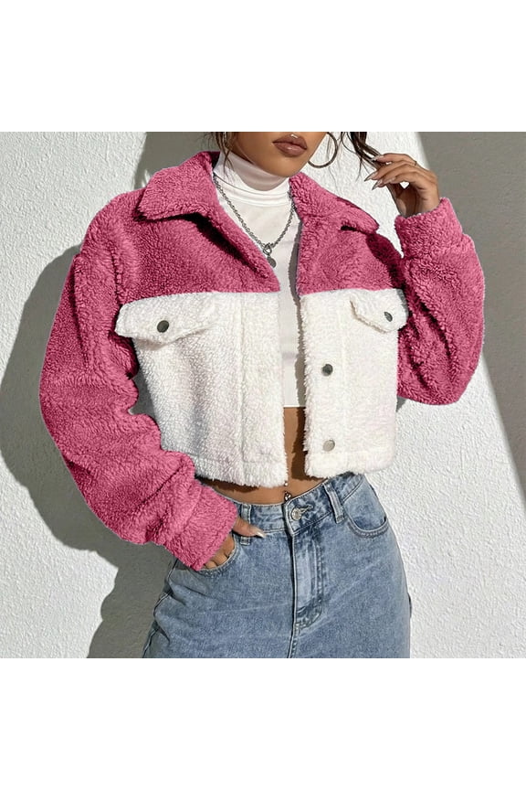 Womens Casual Long Sleeve Fall Flannel Cropped Coats Front Button Padded Jacket (Red M)