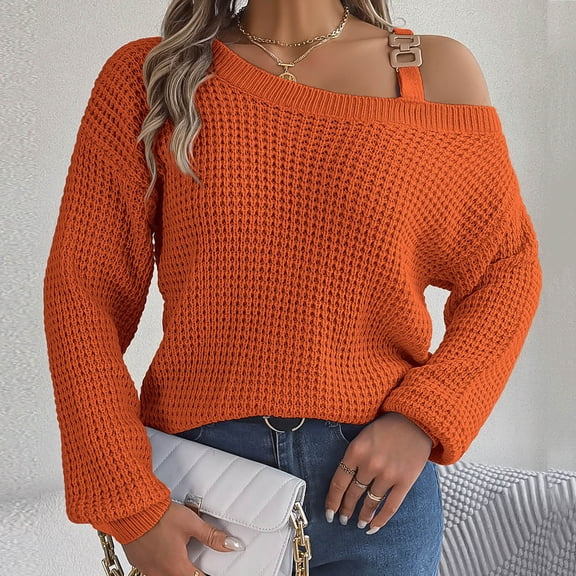 Womens Casual Long Sleeve Off Shoulder Pullover Sweaters Fitted Orange Sweaters Soft Womens Holiday Sweater