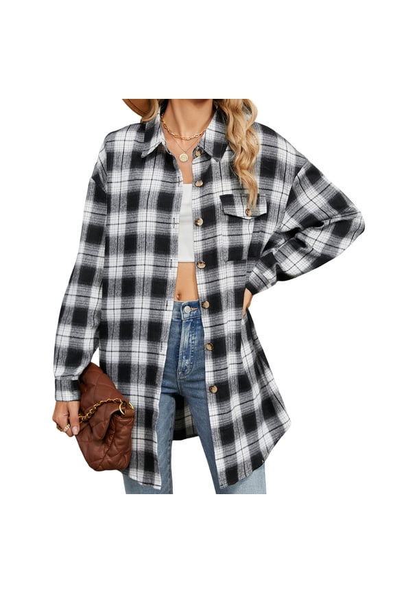 Womens Casual Long Sleeve Plaid Boyfriend Shirts Button Down Front Pocket Shirt