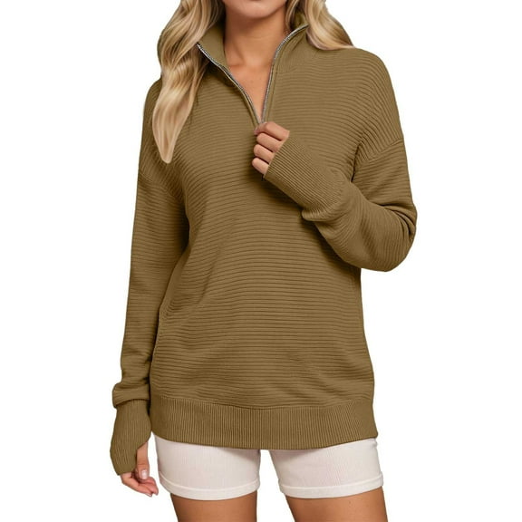 Womens Casual Long Sleeve Quarter Zip Pullover Sweater Ribbed Knit Brown Womens Sweater Warm Sweater Women Trendy