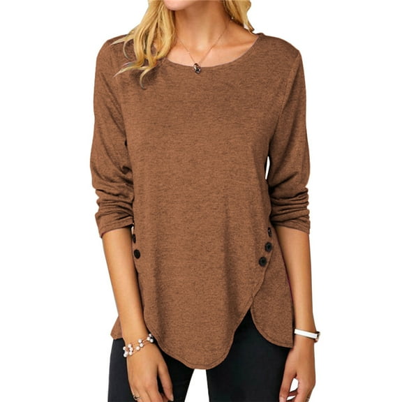 Womens Casual Long Sleeve Round Neck Button Tunic Tops