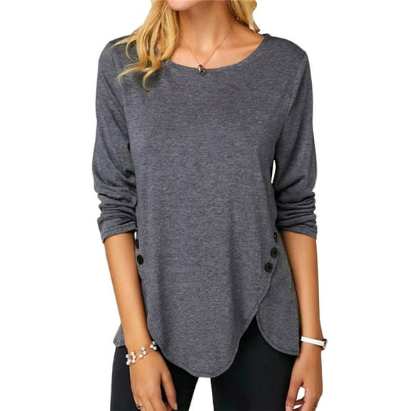 Womens Casual Long Sleeve Round Neck Button Tunic Tops