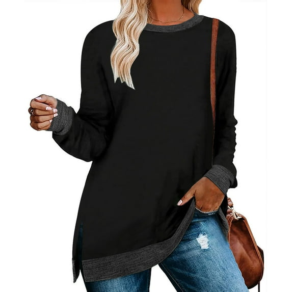 Womens Casual Long Sleeve Round T Shirts Blouses Sweatshirt Crewneck Pullovers Color Block Long Sleeve Side Split Tunic Tops