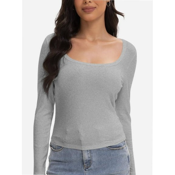 Womens Casual Long Sleeve Scoop Neck Slim Fitted Basic Top