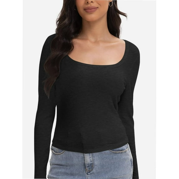 Womens Casual Long Sleeve Scoop Neck Slim Fitted Basic Top