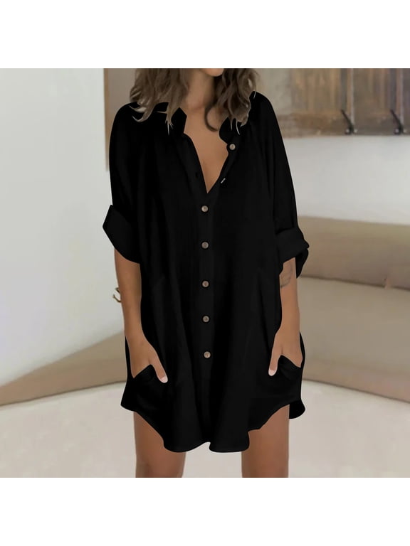 Womens Casual Long Sleeve Shirt Dresses Button Down Tunics Long Kimonos Cardigans Swimsuit Cover Up Summer Beachwear Black XL