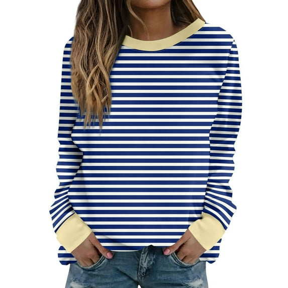 Womens Casual Long Sleeve Shirt Striped Pullover Tops Crew Neck Oversized Sweatshirts Color Block Loose Blouse (Blue 5XL)