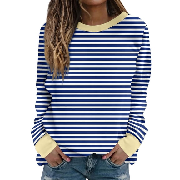 Womens Casual Long Sleeve Shirt Striped Pullover Tops Crew Neck Oversized Sweatshirts Color Block Loose Blouse (Blue M)