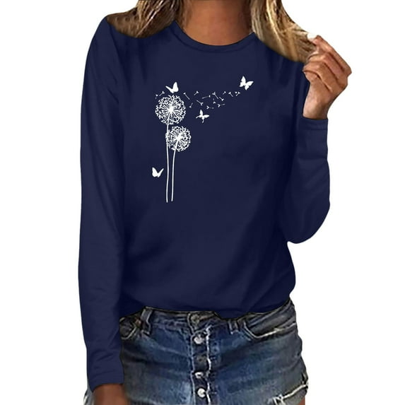 Womens Casual Long Sleeve Shirts Summer Floral Paisley Print Crewneck Blouses Fall Trendy Classic Fit Pullover Tops Dark Blue XL