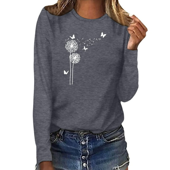 Womens Casual Long Sleeve Shirts Summer Floral Paisley Print Crewneck Blouses Fall Trendy Classic Fit Pullover Tops Grey M