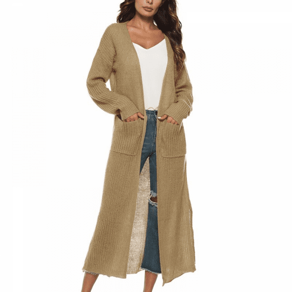 Womens Casual Long Sleeve Split Open Cardigan Knit Long Cardigan Sweater Coat with Pockets Outwear Tops