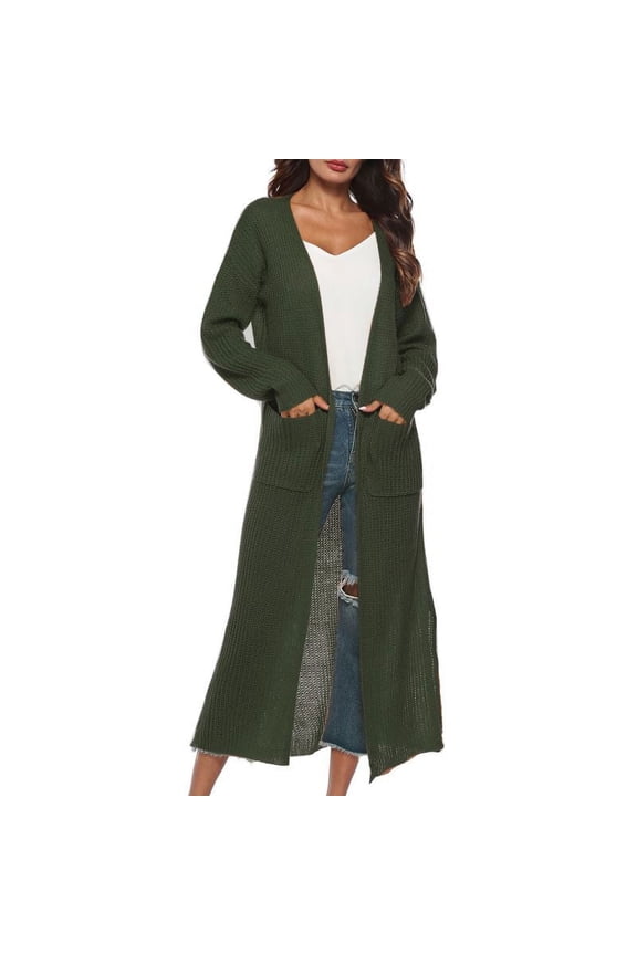 Womens Casual Long Sleeve Split Open Front Cardigan Knit Long Cardigan Sweaters with Pockets Light Weight Knit Cardigan