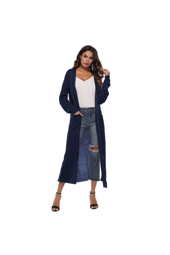 Womens Casual Long Sleeve Split Open Front Cardigan Knit Long Cardigan Sweaters with Pockets Light Weight Knit Cardigan