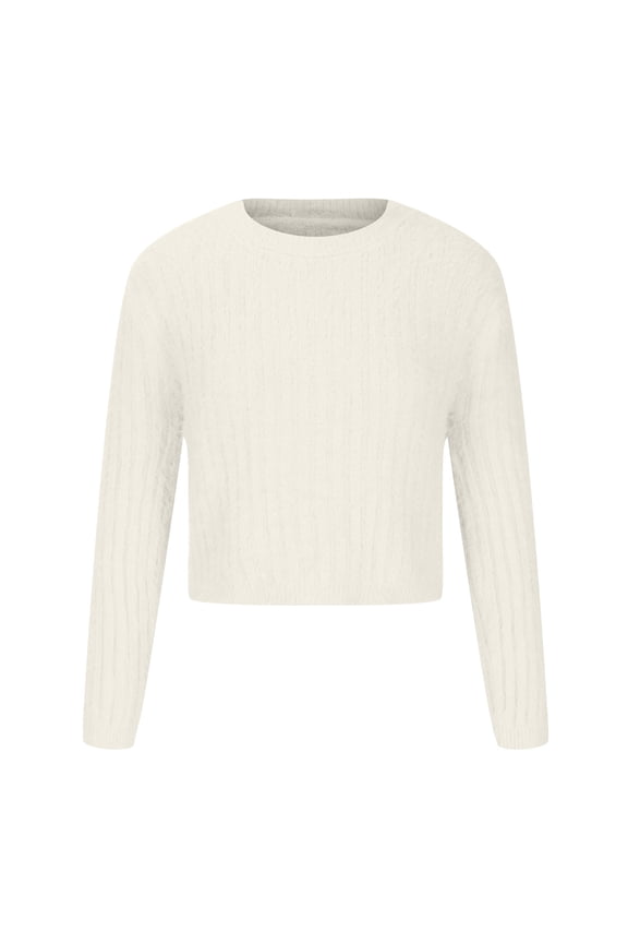 Womens Casual Long Sleeve Sweaters Crew Neck Pullover Short Fuzzy Sweater Lightweight Solid Color Cozy Ribbed Knitted