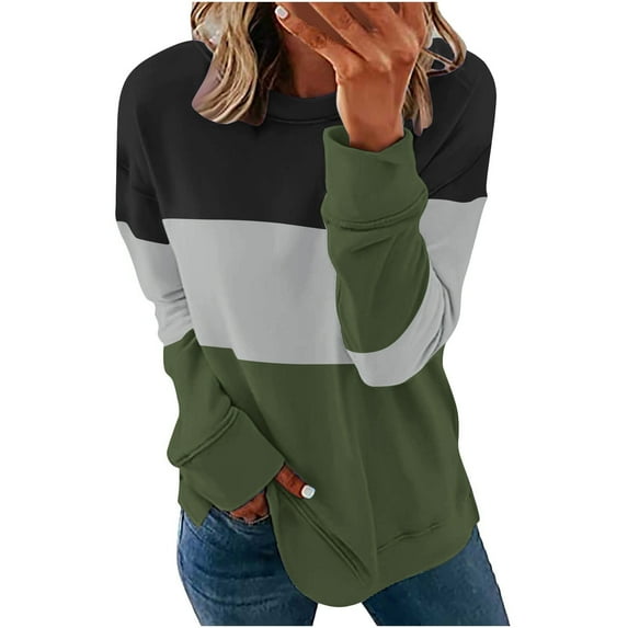 Womens Casual Long Sleeve Sweatshirt Color Block Crewneck Lightweight Loose Soft Pullover Tops Fall Shirts Army Green M