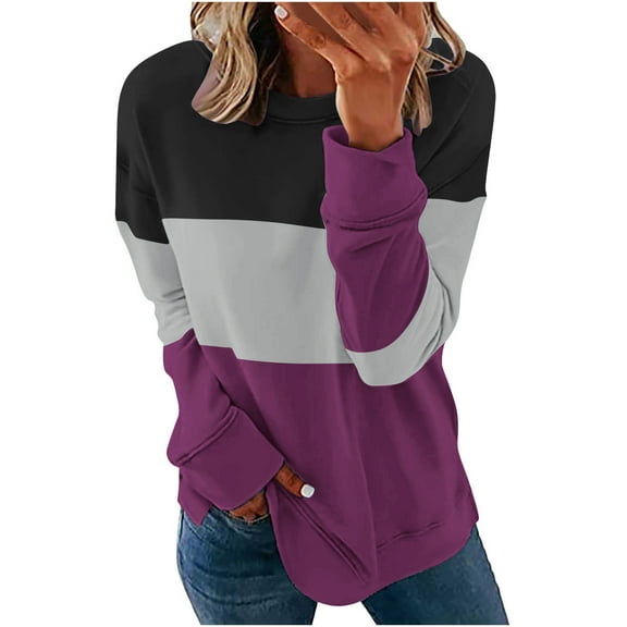 Womens Casual Long Sleeve Sweatshirt Color Block Crewneck Lightweight Loose Soft Pullover Tops Fall Shirts Purple M
