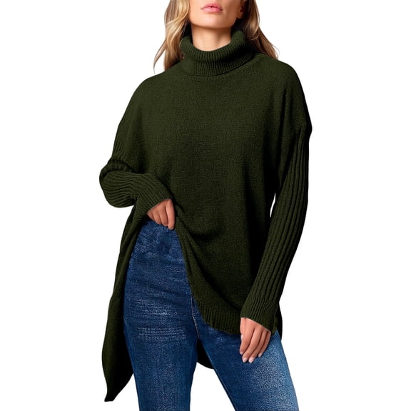 Womens Casual Long Sleeve Turtleneck Pullover Sweaters Loose Fit Long Green Sweaters Women Soft Fall Sweaters