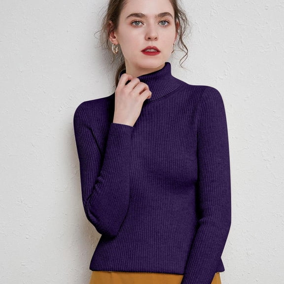 Womens Casual Long Sleeve Turtleneck Pullover Sweaters Ribbed Knit Purple Sweater Soft Light Sweaters for Women Fall