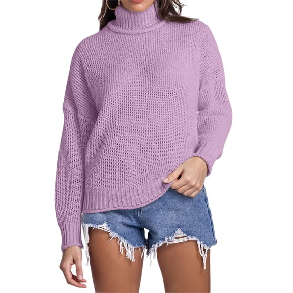 Womens Casual Long Sleeve Turtleneck Sweaters Tops Loose Fit Womens Purple Sweater Soft Womens Christmas Clothes
