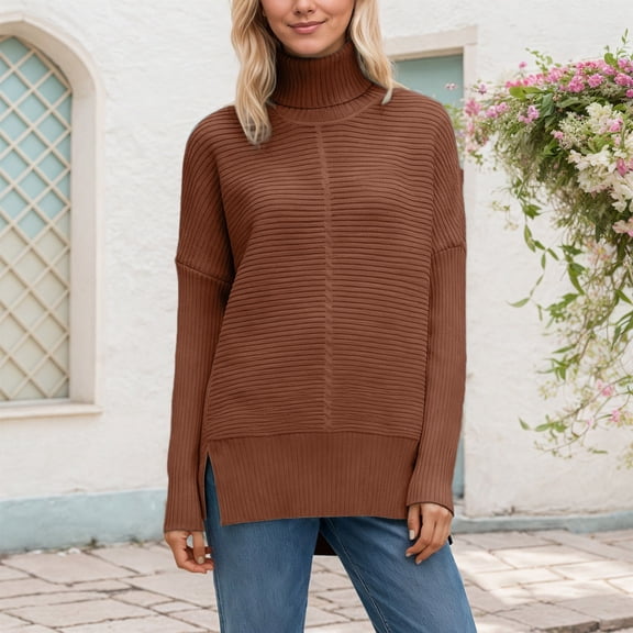 Womens Casual Long Sleeve Turtleneck Sweaters Tops Ribbed Knit Coffee Sweaters Women Warm Fall Sweaters for Women