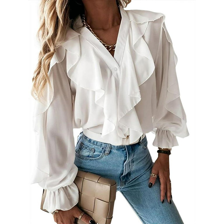Dropship Women's Elegant Ruffle Trim Shirts Long Sleeve Round Neck Keyhole  Casual Plain Tops Blouse to Sell Online at a Lower Price