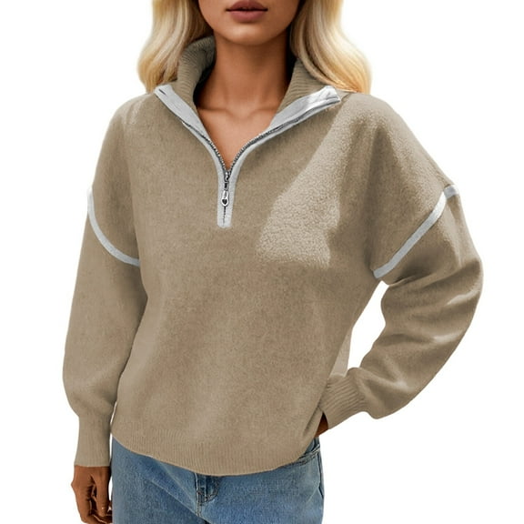 Womens Casual Long Sleeve Zip Front Pullover Sweater Soft Comfortable Lightweight Knitted Top For Everyday Wear