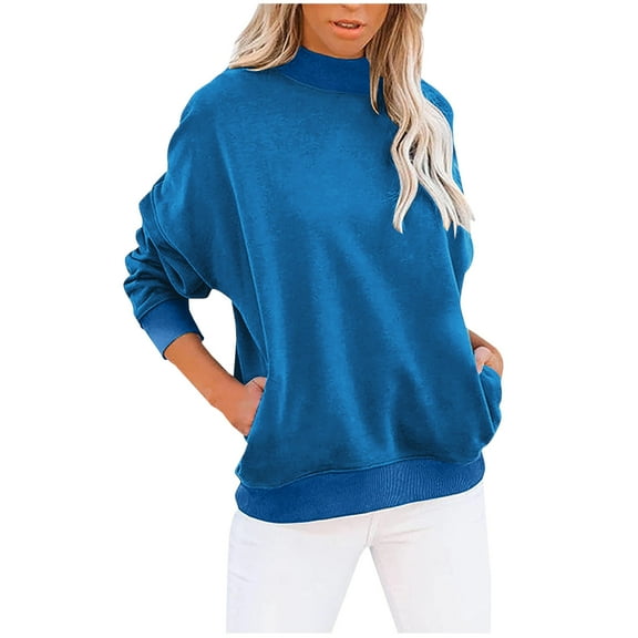 Womens Casual Long sleeves Sweatshirt Basic Loose Fit Turtleneck Lightweight Tops Tunic Pullover Shirts With Pocket (S, Navy)