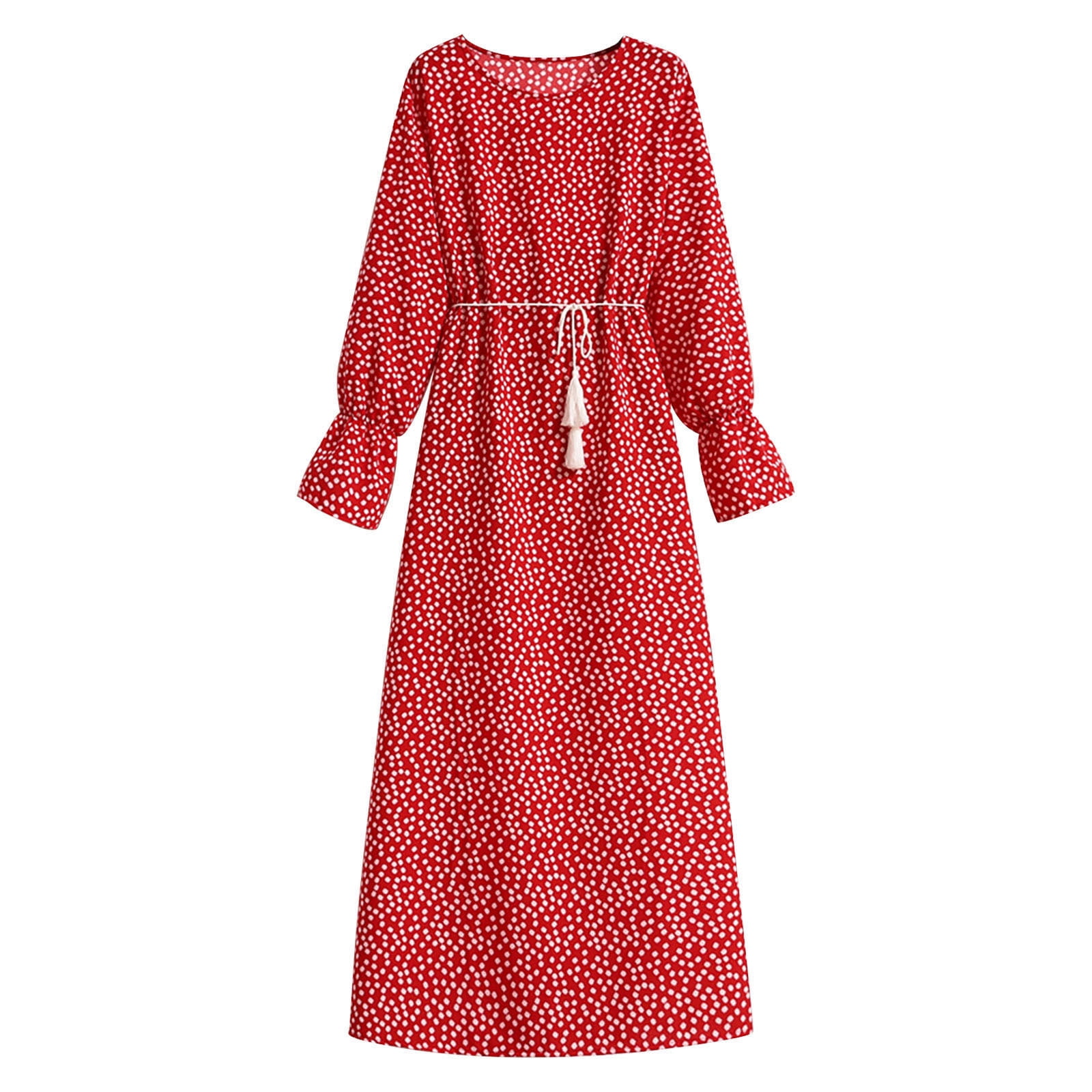 Womens Casual Loose Autumn Dresses Flare Long Sleeves Crewneck Chiffon  Dress Solid/Floral Printed Belted Long Dress