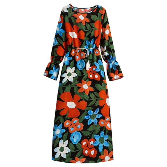 Womens Casual Loose Autumn Dresses Flare Long Sleeves Crewneck Chiffon Dress Solid/Floral Printed Belted Long Dress
