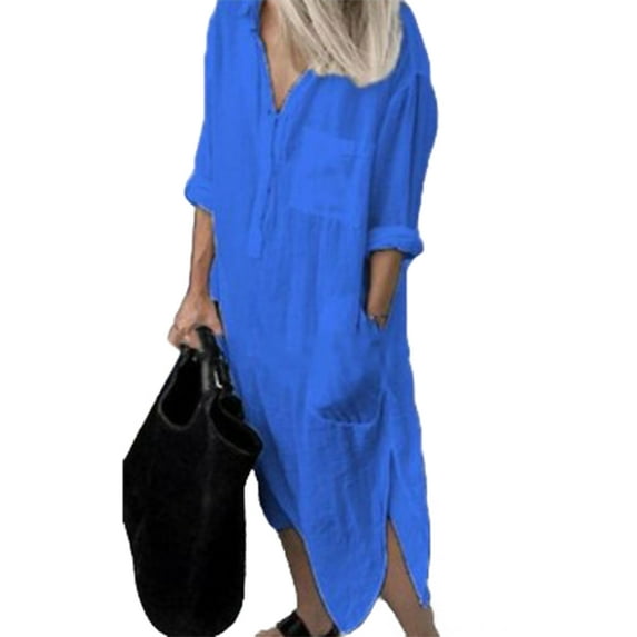 Womens Casual Loose Cotton Linen Lapel Button Cuffed Sleeve Side Split Long Shirt Dress with Pockets Dark Blue XXL