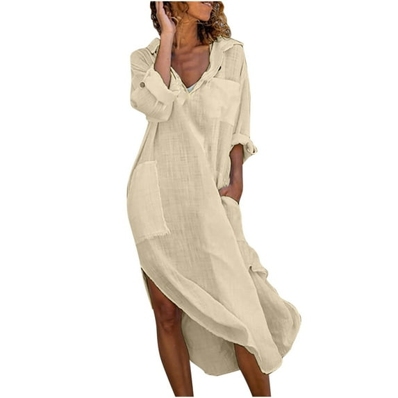 Womens Casual Loose Cotton Linen Long Shirt Dress Lapel Button Cuffed Sleeve Side Split Dresses with Pockets Khaki S